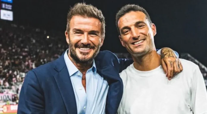 A 20 años de haberse peleado en una cancha, Beckham y Scaloni se sacaron una foto en el partido de Messi