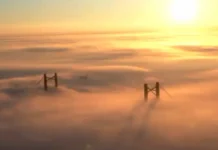 Zárate-Brazo Largo: Advertencia violeta por niebla y una impactante postal aérea del puente cubierto por un mar blanco